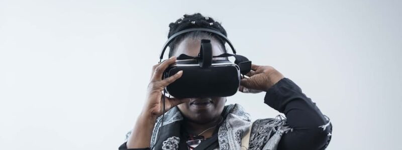 A woman wearing a VR headset.